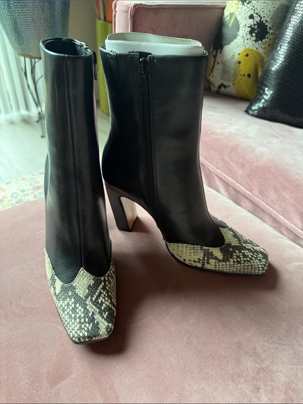 Steve Madden Black Leather Ankle Boots with Snake-Print Toe